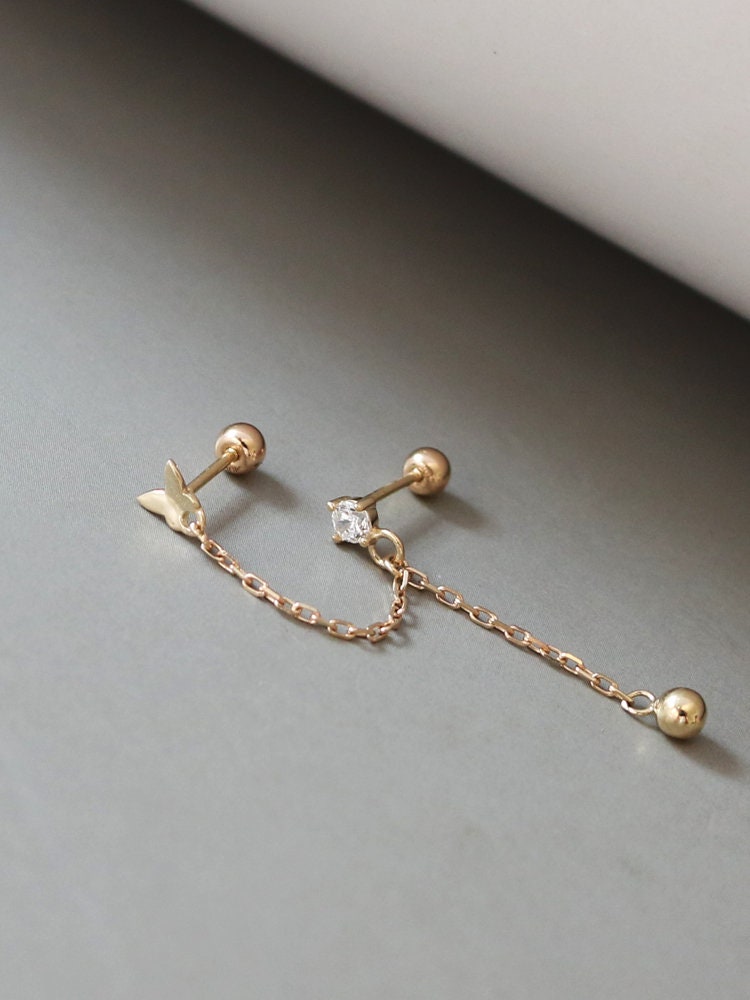 10k Gold Butterfly Double Piercing Cartilage Studs, Screw Back Threader Closure, Dangle Drop Style, Lobe Helix Connecting Chain Earrings