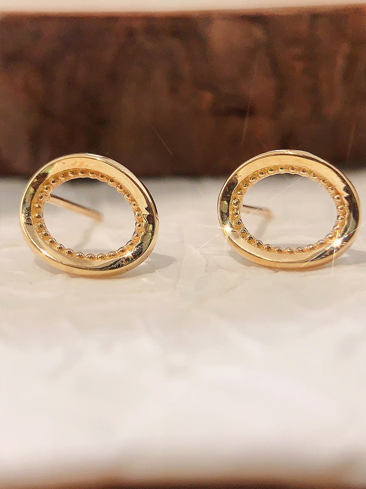 10k Solid Gold Antique Oval Earrings, Hollow Round Earrings, Button Earrings, Classic Earrings, Eye-catching Geometric Statement Earrings