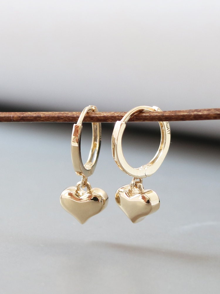 10ct Solid Gold Charming Mini Heart Drop Hoop Earrings | Handcrafted Jewelry | Hypoallergenic | Delicate Gift | Dainty and Romantic Design