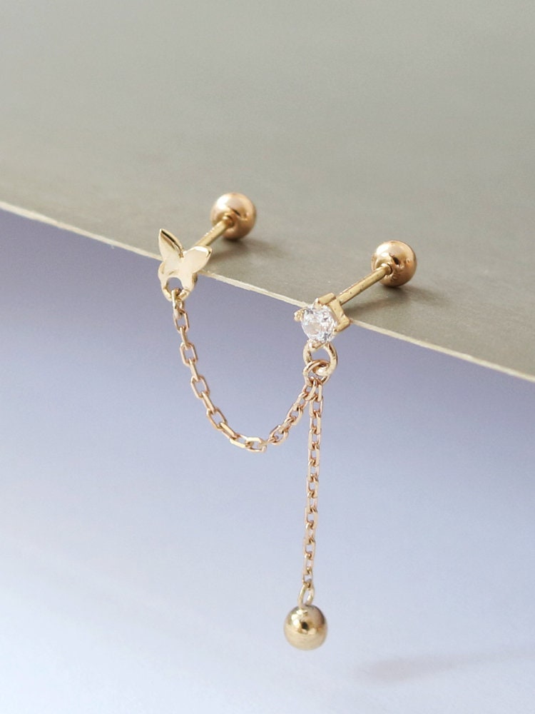 10k Gold Butterfly Double Piercing Cartilage Studs, Screw Back Threader Closure, Dangle Drop Style, Lobe Helix Connecting Chain Earrings