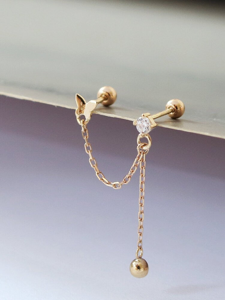 10k Gold Butterfly Double Piercing Cartilage Studs, Screw Back Threader Closure, Dangle Drop Style, Lobe Helix Connecting Chain Earrings