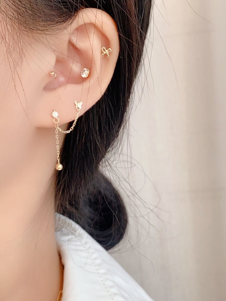 10k Gold Butterfly Double Piercing Cartilage Studs, Screw Back Threader Closure, Dangle Drop Style, Lobe Helix Connecting Chain Earrings