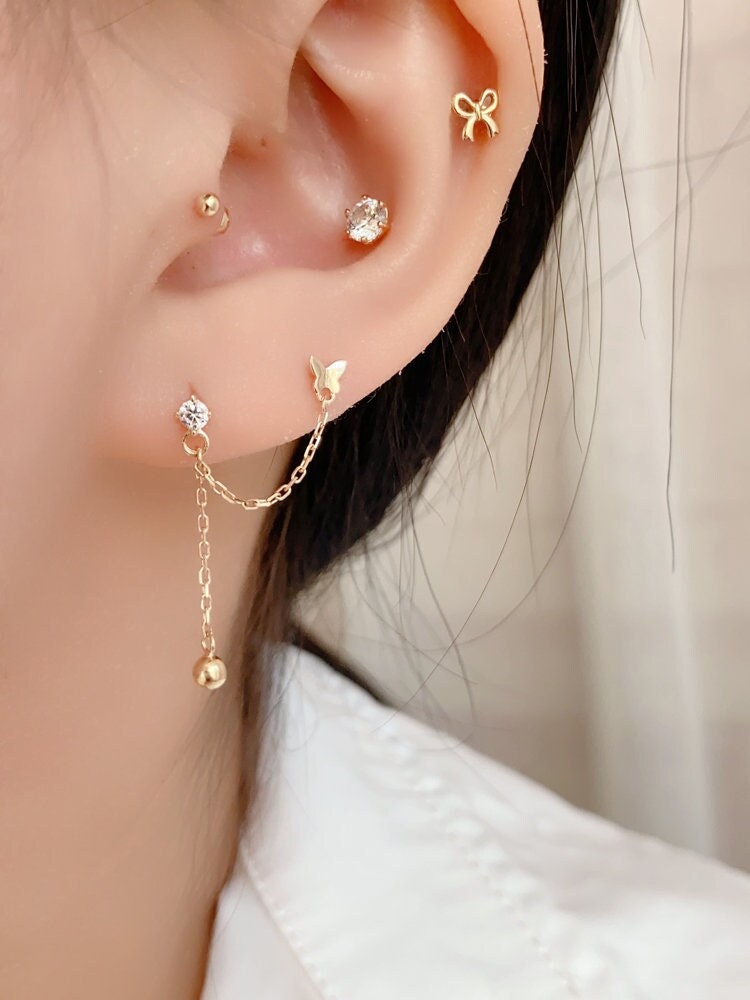 10k Gold Butterfly Double Piercing Cartilage Studs, Screw Back Threader Closure, Dangle Drop Style, Lobe Helix Connecting Chain Earrings