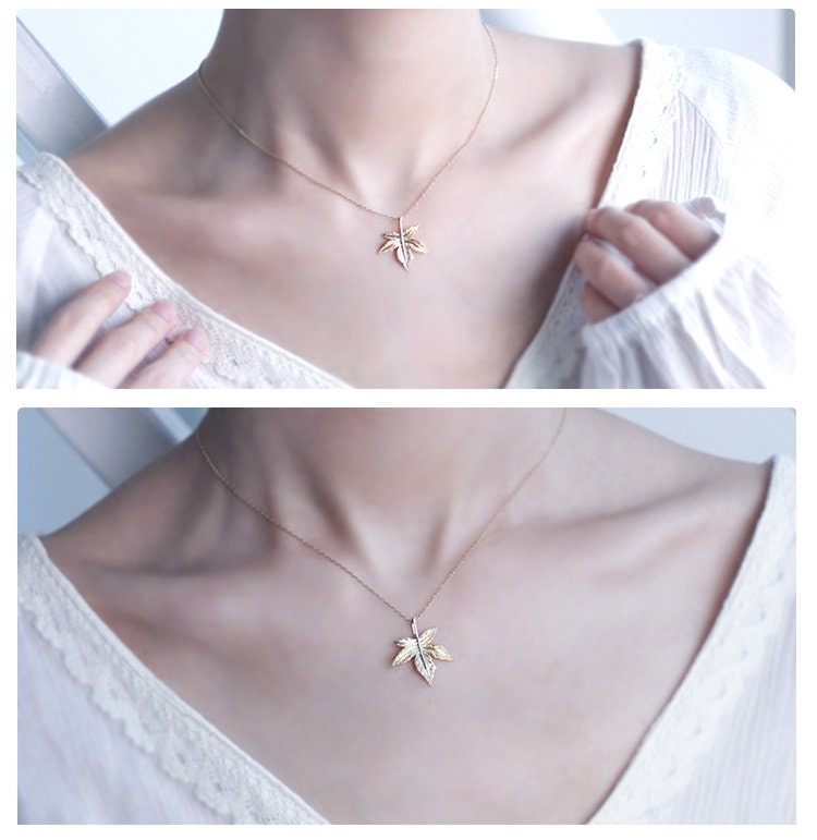 18k Solid Gold Maple Leaf Pendant, Minimalist Style Autumn Leaf Charm Necklace, Dainty Botanical Necklace, Leaf Pendant Intricate Design