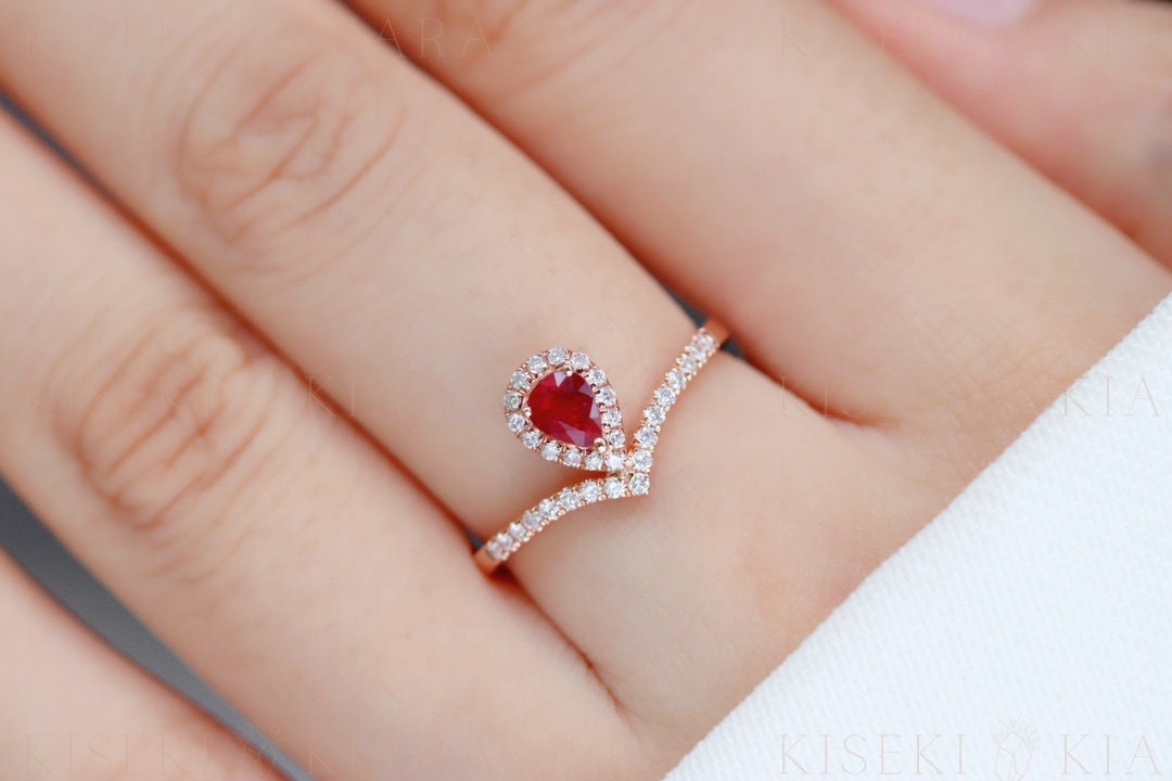 Ruby V Shaped Wedding Ring, Pear Cut Ruby Halo Diamond Engagement Ring, Natural Pigeon Blood Ruby, Princess Bridal Ring, Birthstone Ring