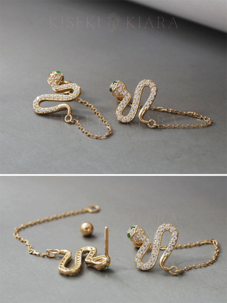 10k Solid Gold Snake Double Piercing Earrings, Chain Drop Serpent Earrings, Two Piercing Dangle Drops, Snake Connector Ear Adornments