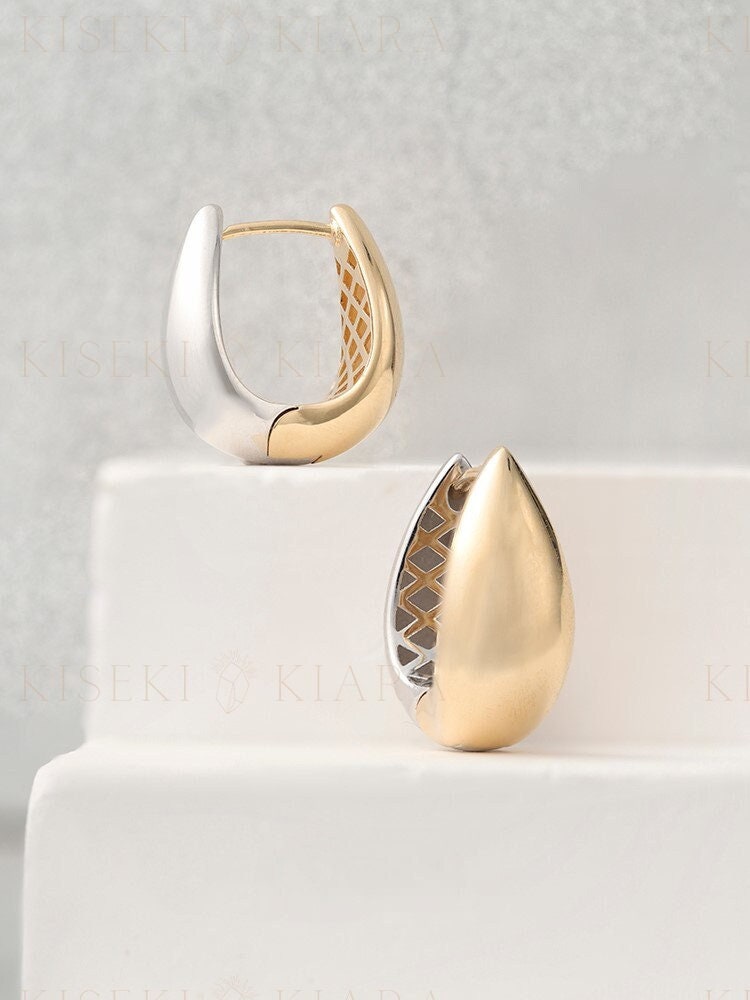 18k Two Color Solid Gold Hoops, Dual Gold Tones Chunky Hoop Earrings, Retro Chic Large Earrings, Classic Hoop Earwear, Statement Jewelry