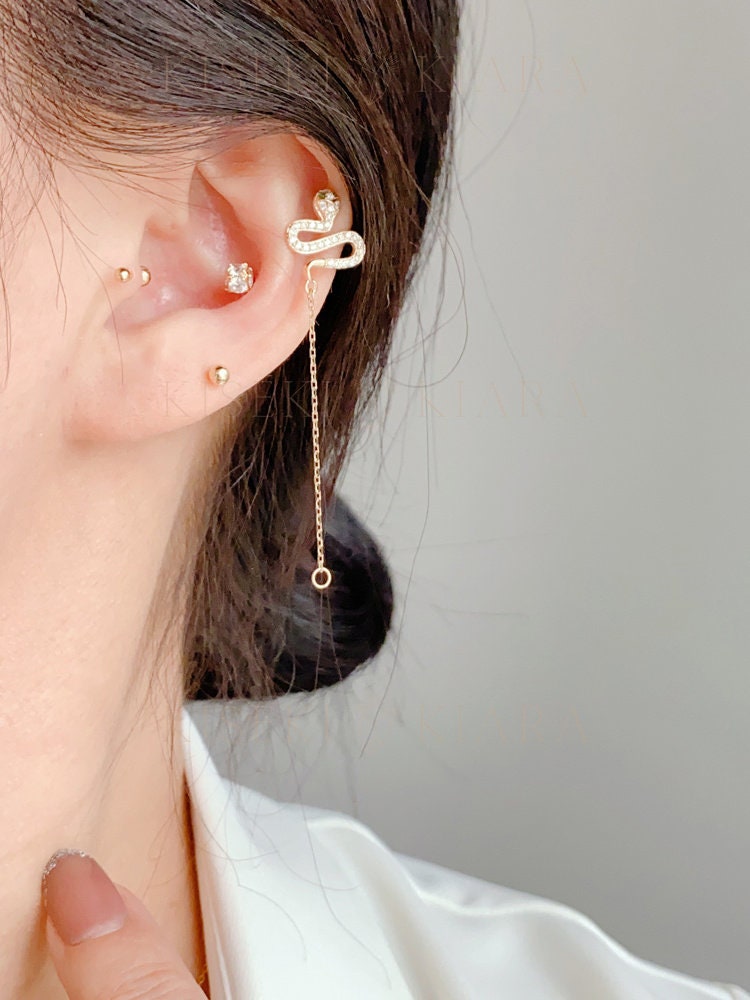 10k Solid Gold Snake Double Piercing Earrings, Chain Drop Serpent Earrings, Two Piercing Dangle Drops, Snake Connector Ear Adornments