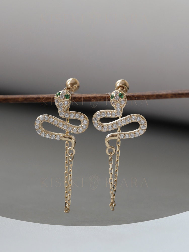 10k Solid Gold Snake Double Piercing Earrings, Chain Drop Serpent Earrings, Two Piercing Dangle Drops, Snake Connector Ear Adornments