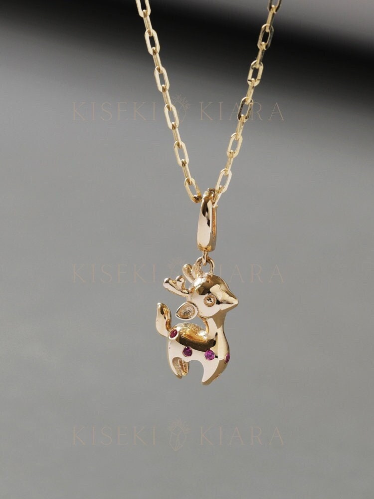 14k Yellow Gold Santa's Reindeer Pendant, Festive Fallow Deer Charm, Holiday Antler Necklace, Rudolph Pendant, Winter Season Necklace