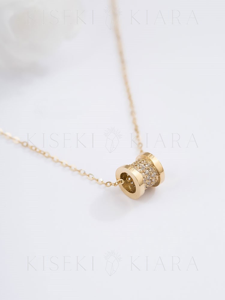 14k Solid Gold Geometric Barrel Charm, Minimalist Barrel Pendant, Pave Mini Necklace, Bee Zero One, Hollow Tube Necklace, Minimal Necklace