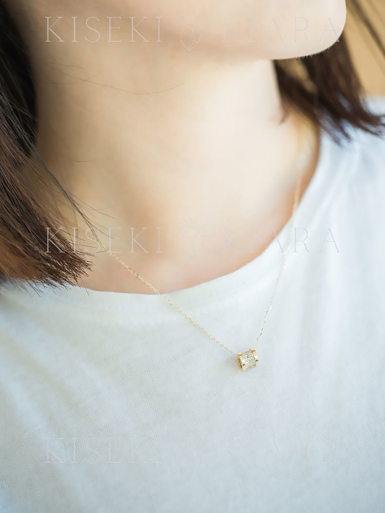 14k Solid Gold Geometric Barrel Charm, Minimalist Barrel Pendant, Pave Mini Necklace, Bee Zero One, Hollow Tube Necklace, Minimal Necklace