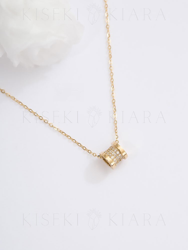 14k Solid Gold Geometric Barrel Charm, Minimalist Barrel Pendant, Pave Mini Necklace, Bee Zero One, Hollow Tube Necklace, Minimal Necklace