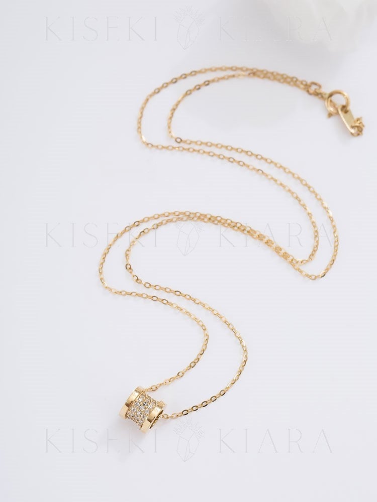 14k Solid Gold Geometric Barrel Charm, Minimalist Barrel Pendant, Pave Mini Necklace, Bee Zero One, Hollow Tube Necklace, Minimal Necklace