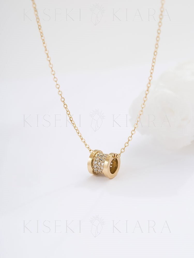 14k Solid Gold Geometric Barrel Charm, Minimalist Barrel Pendant, Pave Mini Necklace, Bee Zero One, Hollow Tube Necklace, Minimal Necklace