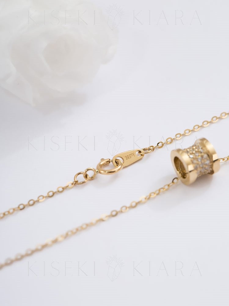 14k Solid Gold Geometric Barrel Charm, Minimalist Barrel Pendant, Pave Mini Necklace, Bee Zero One, Hollow Tube Necklace, Minimal Necklace