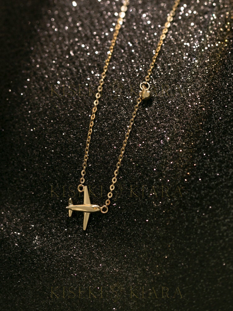 14k Solid Gold Plane Sideways Necklace, Airplane Charm Necklace, Dainty Aircraft Pendant, Paper Aeroplane Necklace, Layered Choker Necklace