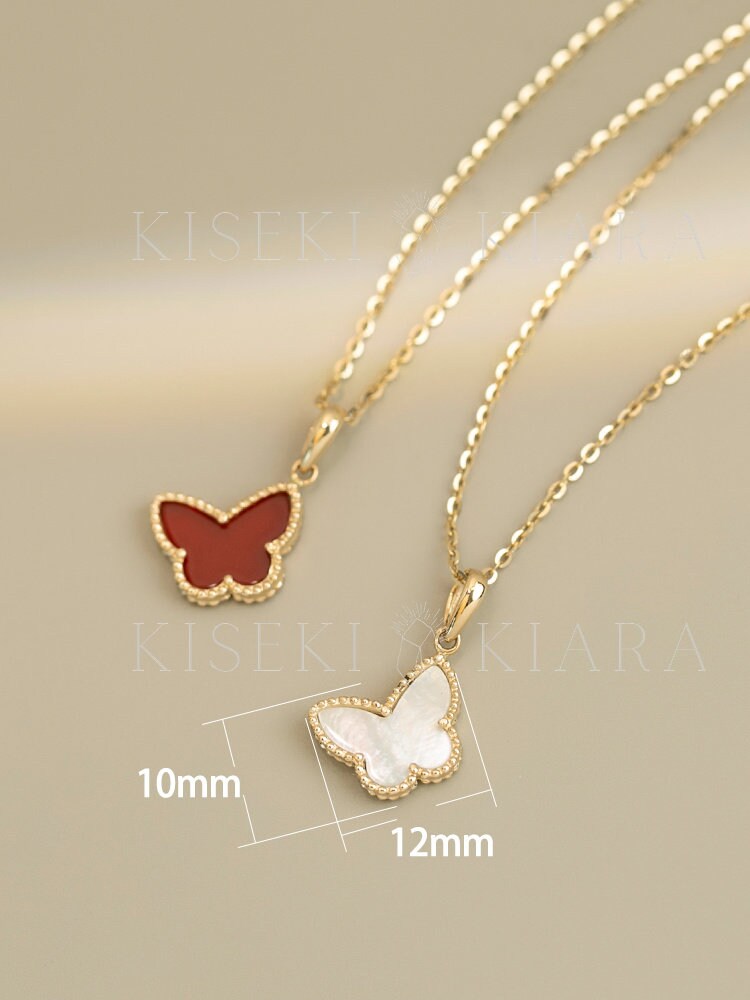 14k Solid Gold Mother of Pearl White Butterfly Pendant Only, Minimalist Butterfly Charm Necklace For Women, Petite Stackable Necklace