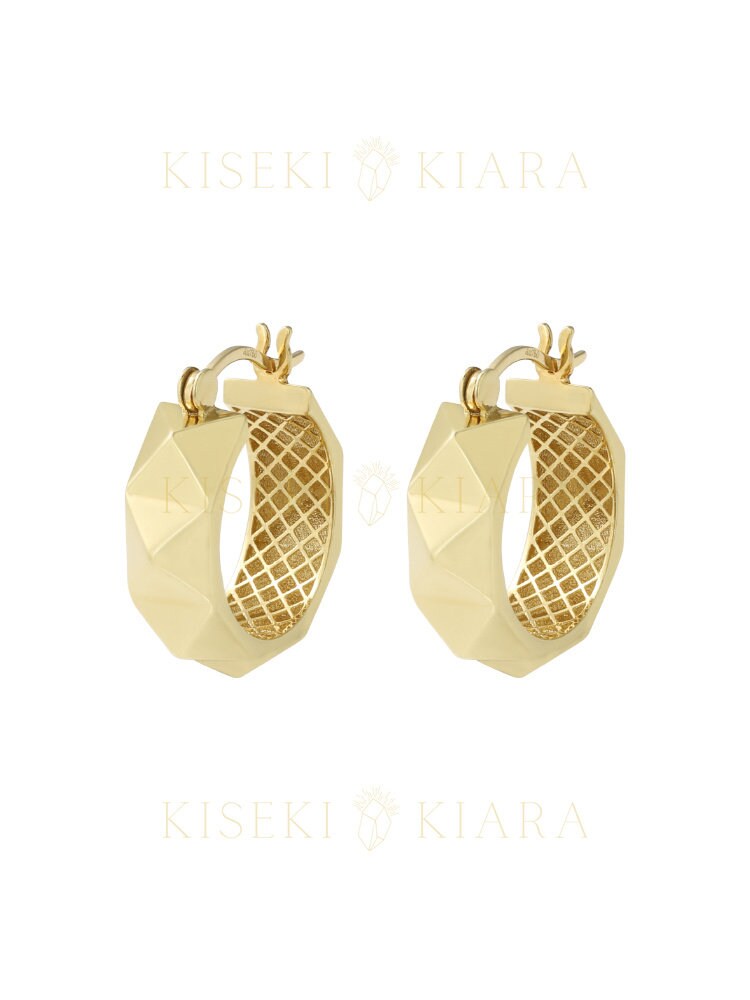 18k Solid Gold Large Faceted Hoop Earrings, Modern Wide Hoops, Chunky Hoop Earrings, Plain Facet Earrings, Everyday Polished Earrings