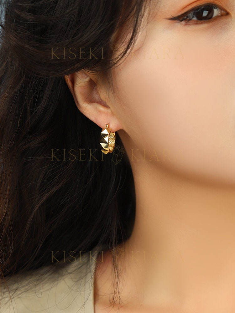 18k Solid Gold Large Faceted Hoop Earrings, Modern Wide Hoops, Chunky Hoop Earrings, Plain Facet Earrings, Everyday Polished Earrings