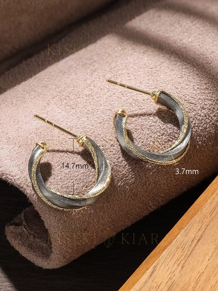 18k Classy Solid Gold Stud Earrings, Spiral Hoop Earrings, Trendy Two Tone Gold Shimmering Earrings, Sparkling Earrings, Glittering Earrings