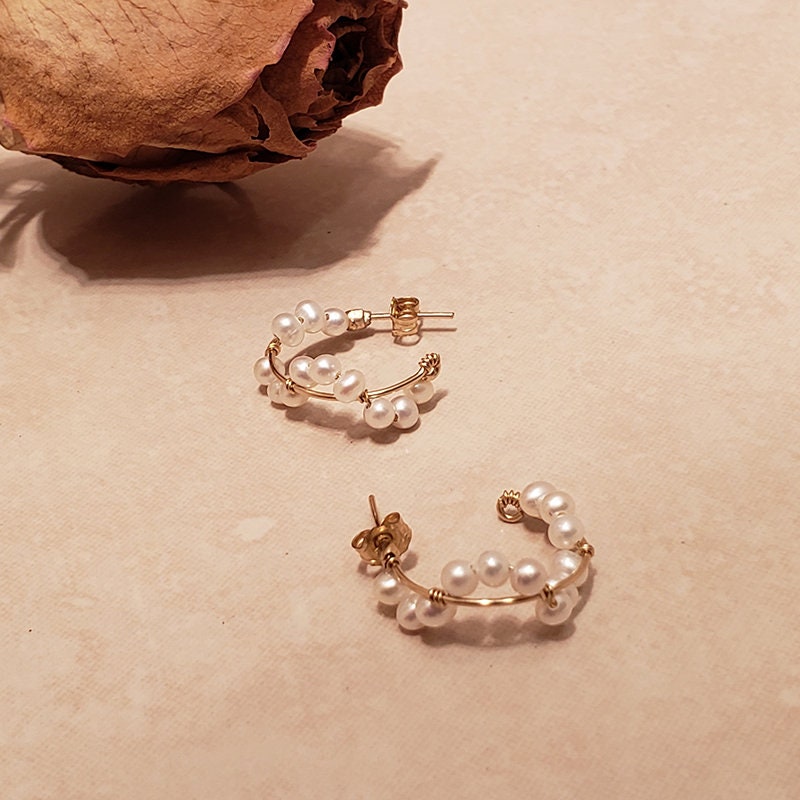 Pearl Tendril Hoop Earrings, Luxe Wire-Wrapped 14k Gold-Fill Hoops, Unique Freshwater Pearl Earrings, 2019 Original Design with Retro Flair