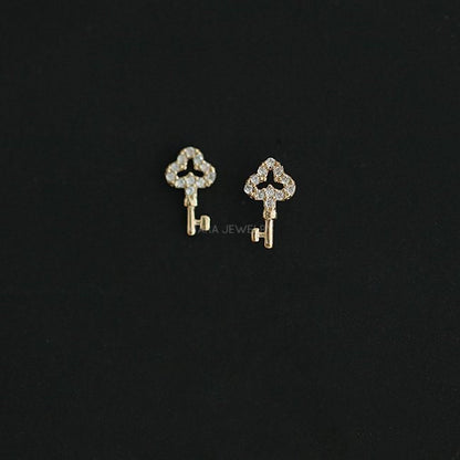 Key Shaped Diamond Earrings, Diamond and 9 Karat Gold Stud Earrings, Modern Diamond Earrings, Key and Lock Earrings