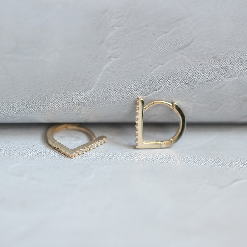 Diamond and Gold Earrings, Row Diamond Earrings, Mini Hoop Earrings for Women, Minimalist Style Earrings for Office and Party Use, 9k Gold