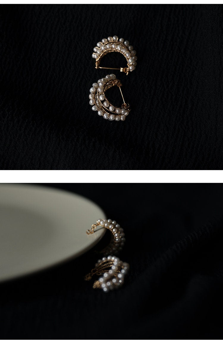 Retro Pearl Earrings, Mini Pearl and Gold Earrings for Women, Mini Hoops, Hoop Earrings, 14KGF Retro Earrings for Girls, 14K Gold Filled