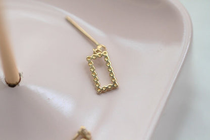 Oval and Rectangle Mismatched Earrings, Small Dangling Earrings, Gold Beaded Shape Earrings, 9k Gold Ear Studs for Women, Simple, Cute