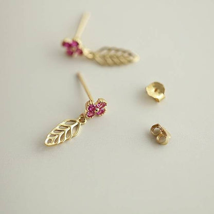 Rose Red Flower Ear Studs, 14k Gold Vermeil 925 Silver, Gold Plated Fine Zirconium Diamond, Four Leaf Clover Earrings, Dangling Ear Jewelry