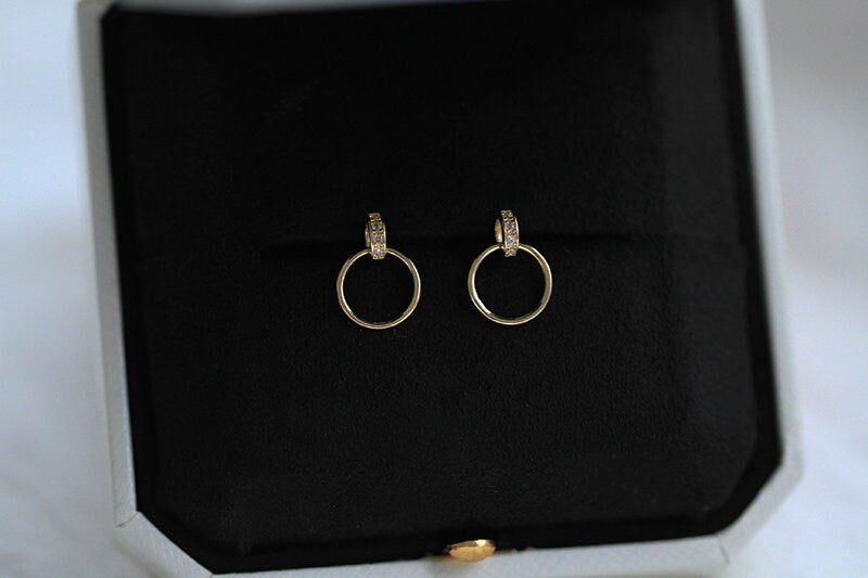 Mini Hoop Earrings, 9k Pure Solid Gold Earrings, Double Hoop Round Ear Studs, Dangling Earrings for Women, Simple Earrings for Work