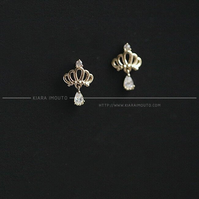 Small Crown Stud Earrings with Zircon, 9 Karat Gold Crown Shaped Stud Earrings with Zircon Drop, Solid 9 Karat Gold and Zircon Earrings
