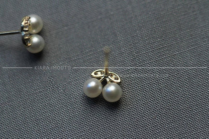 Mini Cherry Pearl Stud Earrings, 9k Solid Gold Earrings, Ivory Pearl Diamond Earrings, Freshwater Pearl Earrings, Minimalist Gold Studs