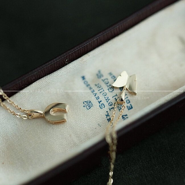 Tiny Japanese-Style Good Luck Charms, Dimensional Butterfly and Horseshoe Mini Pendants in Solid 9k Gold, Small Fine Jewelry for Her