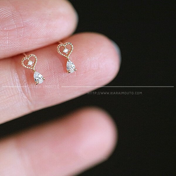 Romantic Mini Earrings, Bleeding Heart Stud Earrings, Multi-Cut CZ Post Earrings, Tiny 14k Gold Jewelry for Her, Vintage-Inspired Gifts