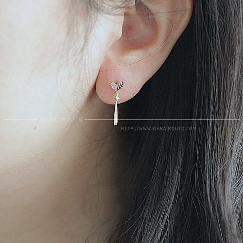 small leaf dangle drop earrings super feminine, Japanese and Korean style pure 14K gold gold earrings with zirconium diamonds,