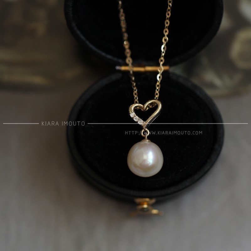 Heart Pendant Single Pearl Necklace, Small Zirconium Diamond Hollow Heart Freshwater Pearl Pendant, 9k Solid Gold, Freshwater Pearl Necklace