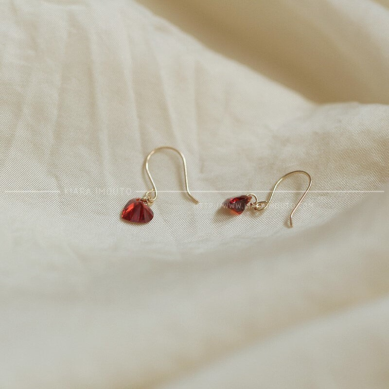 Wine Red Heart Swarovski Crystal Hook Earrings, 9 Carat Gold, Swarovski Drop Earrings, Swarovski Red Earrings, Swarovski Crystal Earrings