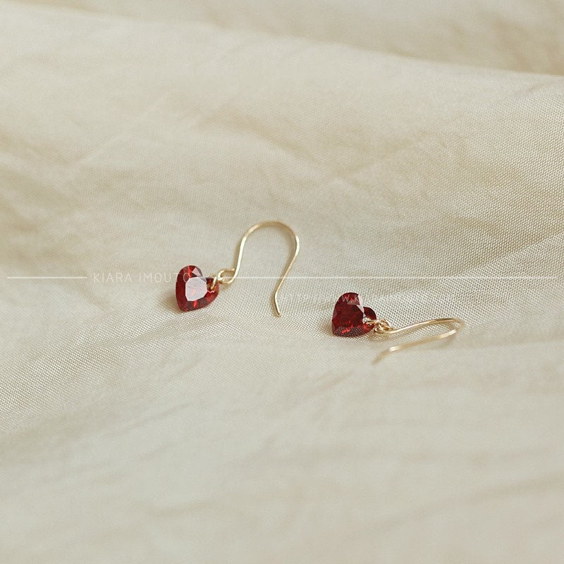 Wine Red Heart Swarovski Crystal Hook Earrings, 9 Carat Gold, Swarovski Drop Earrings, Swarovski Red Earrings, Swarovski Crystal Earrings