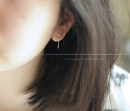 small leaf dangle drop earrings super feminine, Japanese and Korean style pure 14K gold gold earrings with zirconium diamonds,