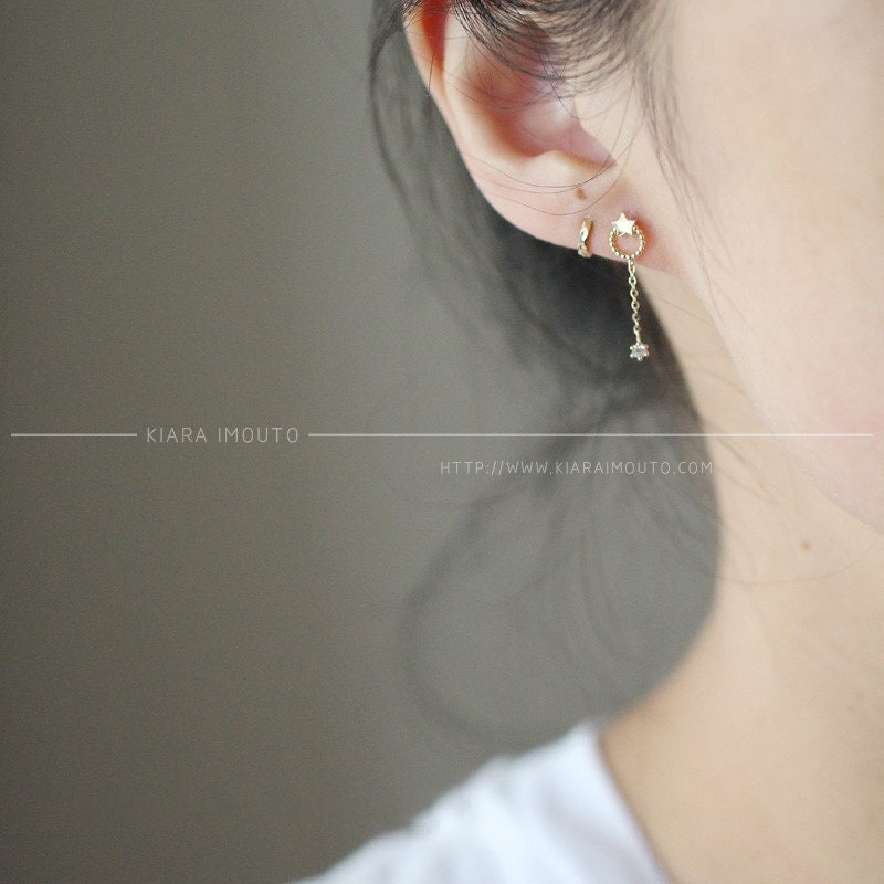 Star Circle Chain Gold Hanging Earrings Pure 9k Gold Zircon Diamond