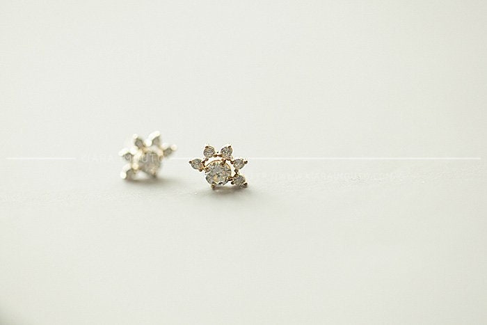 Sunrise Post Earrings, Zirconia Diamonds in 14k Gold Studs, Flashy Mini Earrings, Romantic Fine Jewelry for Her, Multi-Stone Stud Earrings