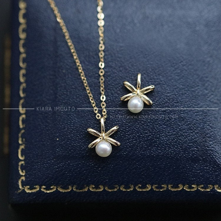 Sweet Bow 9k Yellow Gold Natural Freshwater Pearl Mini Girl Pendant Clavicle Chain Pendant
