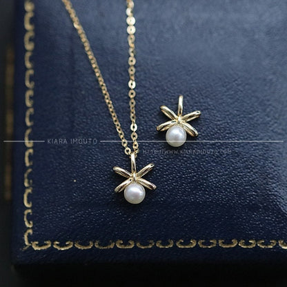 Sweet Bow 9k Yellow Gold Natural Freshwater Pearl Mini Girl Pendant Clavicle Chain Pendant