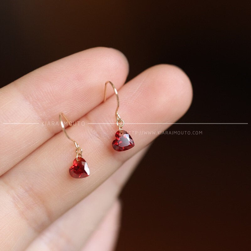 Wine Red Heart Swarovski Crystal Hook Earrings, 9 Carat Gold, Swarovski Drop Earrings, Swarovski Red Earrings, Swarovski Crystal Earrings