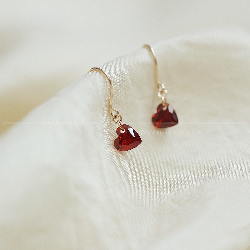 Wine Red Heart Swarovski Crystal Hook Earrings, 9 Carat Gold, Swarovski Drop Earrings, Swarovski Red Earrings, Swarovski Crystal Earrings
