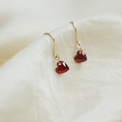 Wine Red Heart Swarovski Crystal Hook Earrings, 9 Carat Gold, Swarovski Drop Earrings, Swarovski Red Earrings, Swarovski Crystal Earrings