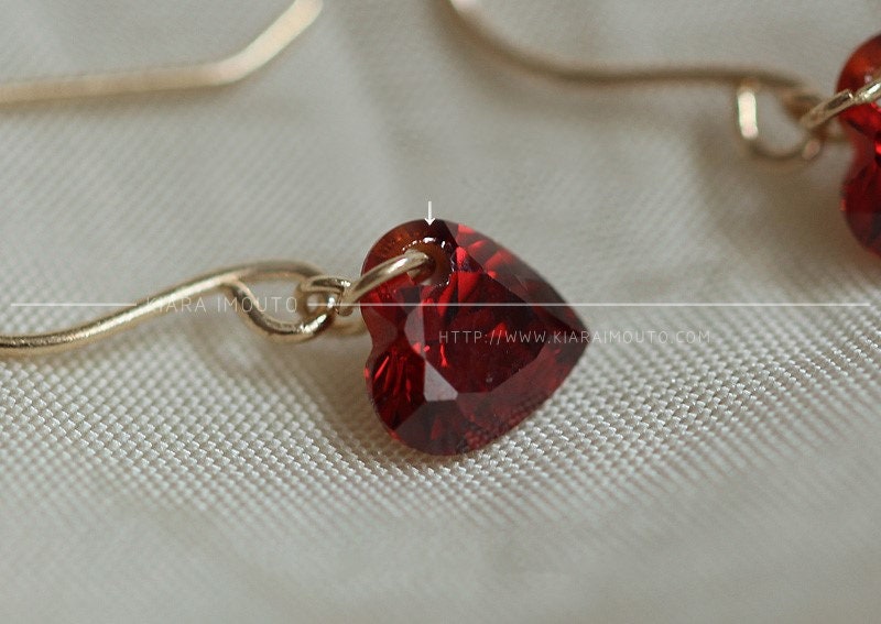 Wine Red Heart Swarovski Crystal Hook Earrings, 9 Carat Gold, Swarovski Drop Earrings, Swarovski Red Earrings, Swarovski Crystal Earrings