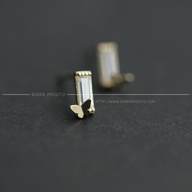 Mini Butterfly Japanese Earrings Small Butterfly 9k Solid Gold Exquisite Zirconium Diamond Rectangle Earrings